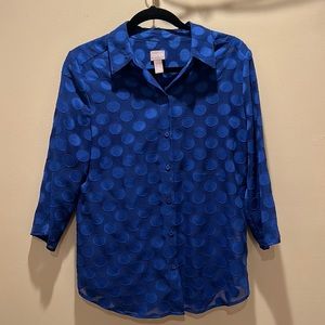 Beautiful blue blue Chicos bold blouse with fun circles 3/4 sleeve